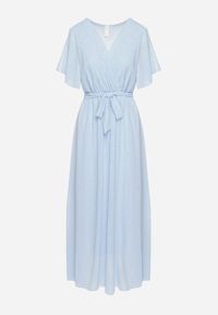 Born2be - Niebieska Brokatowa Sukienka Koktajlowa Ozdobiona Paskiem Ziliane. Okazja: na imprezę. Kolor: niebieski. Wzór: aplikacja. Styl: wizytowy #4