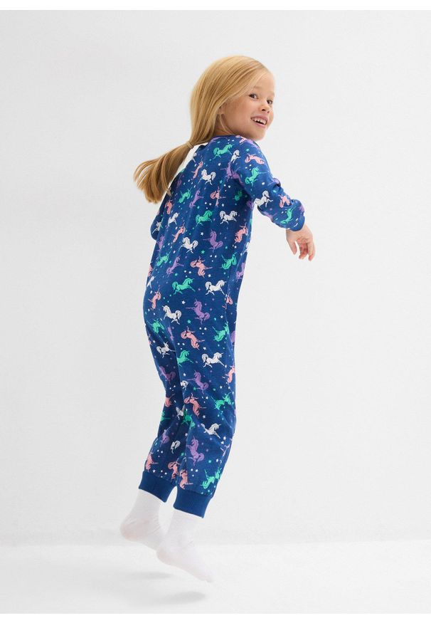 bonprix - Piżama jednoczęściowa z piżamą dla lalki (2 części), z czystej bawełny organicznej. Kolor: niebieski. Materiał: bawełna. Wzór: nadruk, aplikacja