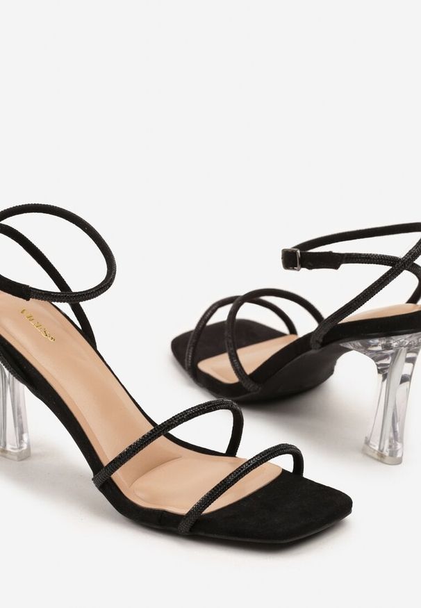 Born2be - Czarne Sandały Vices na Transparentnej Szpilce z Cyrkoniami Natirena. Okazja: na co dzień. Kolor: czarny. Styl: glamour, elegancki, casual