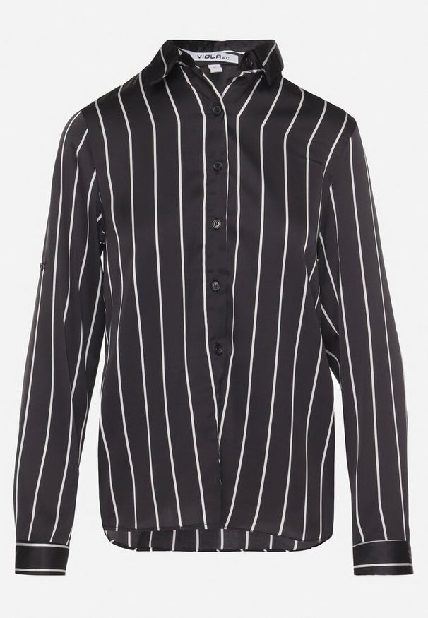 Born2be - Czarna Koszula w Delikatne Paski z Podpinanymi Rękawami Berraza. Okazja: na co dzień. Typ kołnierza: kołnierzyk klasyczny, dekolt w kształcie V. Kolor: czarny. Materiał: jeans. Wzór: paski. Styl: klasyczny, casual, elegancki