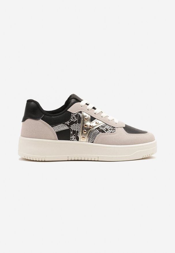 Born2be - Czarno-Beżowe Sneakersy z Metalicznym Zdobieniem i Wstawką z Imitacją Skóry Węża Sarilira. Okazja: na co dzień. Kolor: czarny. Materiał: skóra. Wzór: aplikacja