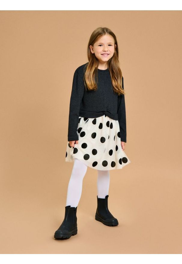 Sinsay - Sukienka z długim rękawem i tiulowym dołem w grochy - szary. Kolor: szary. Materiał: tiul. Długość rękawa: długi rękaw. Wzór: grochy