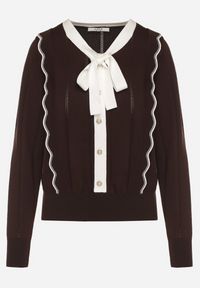 Born2be - Brązowy Sweter z Wiskozą Ozdobiony Kokardą Eleganckimi Guzikami i Kontrastowymi Detalami Miariel. Okazja: na co dzień. Typ kołnierza: kokarda. Kolor: brązowy. Materiał: wiskoza. Długość rękawa: długi rękaw. Długość: długie. Wzór: aplikacja. Styl: elegancki #7