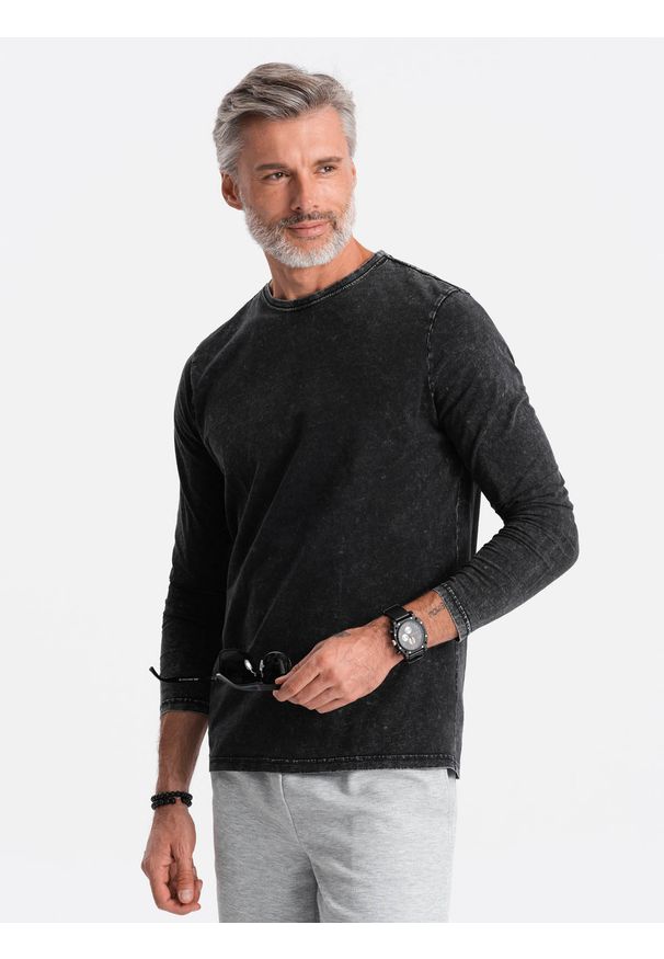Ombre Clothing - Longsleeve męski bez nadruku - czarny V4 - Rozmiar: M. Okazja: na co dzień. Kolor: czarny. Materiał: bawełna. Długość rękawa: długi rękaw. Długość: długie. Styl: rockowy, klasyczny, casual