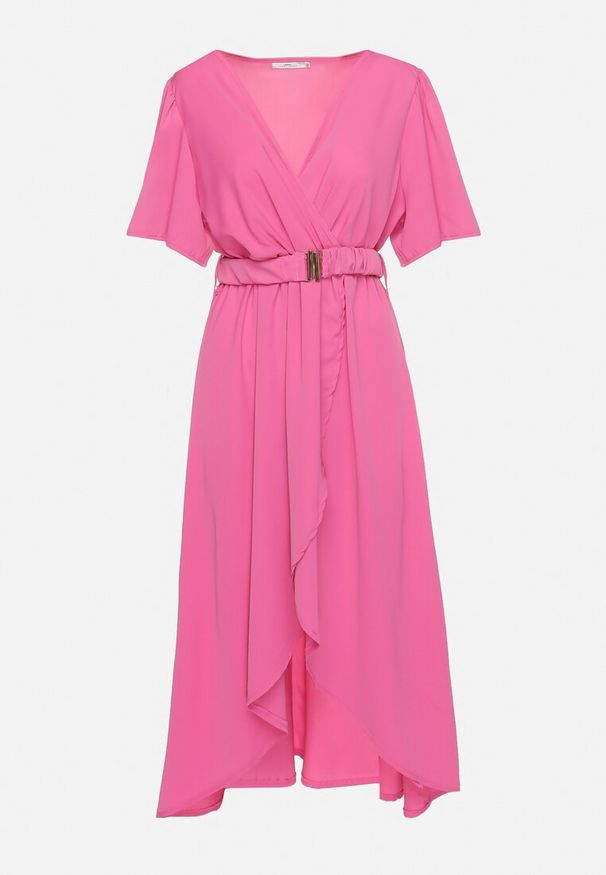 Born2be - Różowa Rozkloszowana Sukienka Kopertowa z Gumką w Talii i Ozdobnym Paskiem Vasena. Kolor: różowy. Typ sukienki: kopertowe. Styl: elegancki