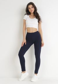 Born2be - Granatowe Bawełniane Legginsy z Gumką w Pasie i Niskim Stanem Lexuna. Stan: obniżony. Kolor: niebieski. Materiał: bawełna. Styl: sportowy #4