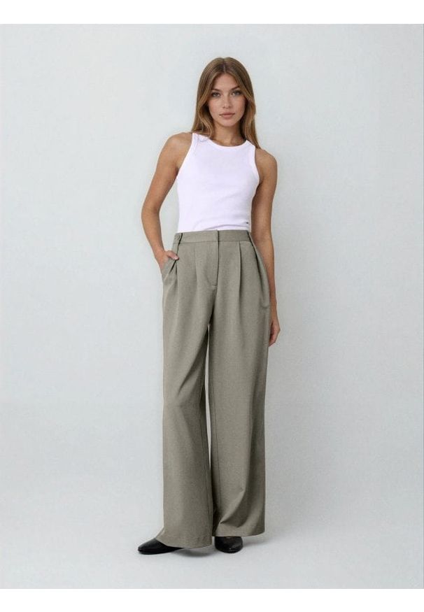 Sinsay - Spodnie wide leg - zielony. Kolor: zielony