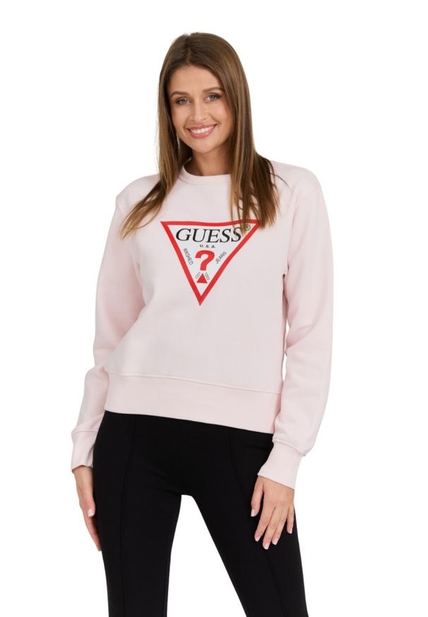 Guess - GUESS Różowa damska bluza z dużym logo Original Fleece, Rozmiar M. Kolor: różowy. Materiał: poliester, bawełna, materiał. Długość rękawa: długi rękaw. Długość: długie. Styl: klasyczny