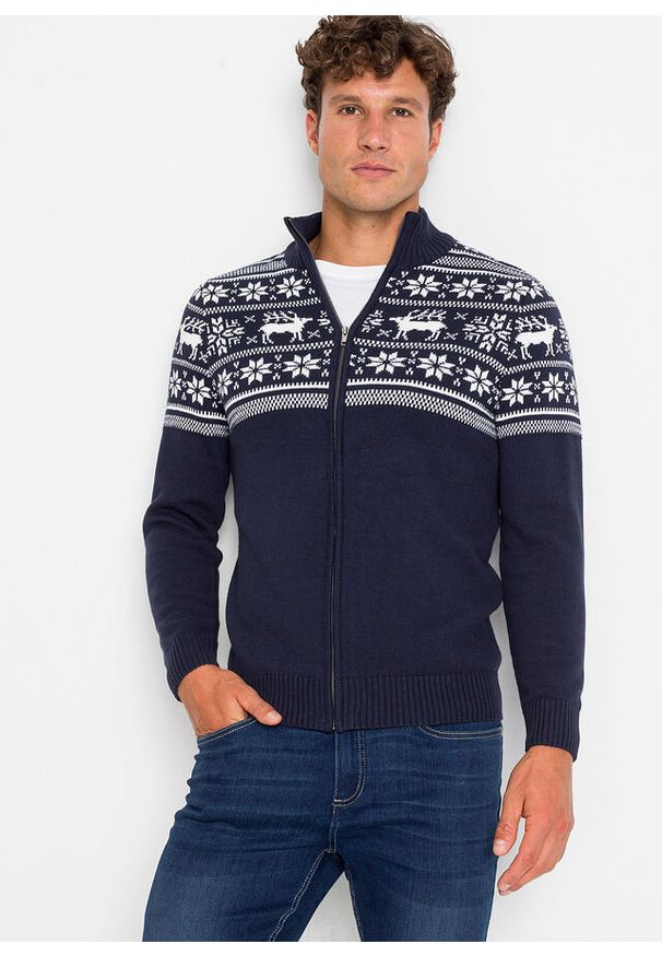 bonprix - Sweter norweski rozpinany z przyjemnej dla skóry czystej bawełny. Kolor: niebieski. Materiał: bawełna, skóra