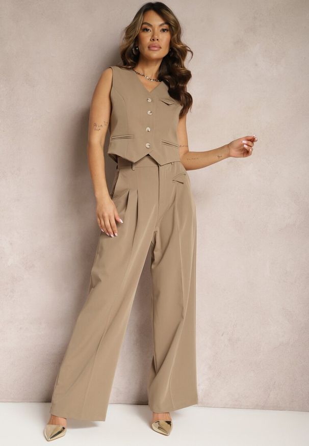 Renee - Ciemnobeżowe Eleganckie Spodnie Garniturowe z Wysokim Stanem Lainiva. Okazja: na imprezę. Stan: podwyższony. Kolor: beżowy. Styl: elegancki
