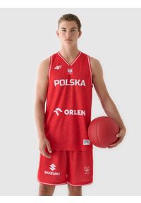 4f - 4F Koszulka reprezentacyjna męska 4F x PZKOSZ 2024 - czerwona L. Typ kołnierza: dekolt w serek. Kolor: wielokolorowy. Materiał: dzianina, włókno, materiał, syntetyk. Długość rękawa: na ramiączkach. Wzór: gładki, nadruk, ze splotem. Sport: koszykówka, fitness