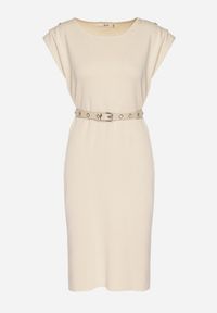 Born2be - Beżowa Sukienka z Wiskozą o Pudełkowym Kroju z Paskiem z Klamrą Polliviera. Okazja: na co dzień. Kolor: beżowy. Materiał: wiskoza. Styl: casual, elegancki #3