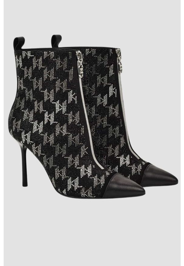 Karl Lagerfeld - KARL LAGERFELD Czarne skórzane botki na szpilce Ankle Boot Monogram. Kolor: czarny. Materiał: skóra. Obcas: na szpilce