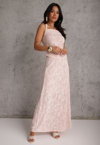 Renee - Różowy Letni Komplet z Dodatkiem Wiskozy Wiązany Top Typu Halter i Spónica Eimios. Kolor: różowy. Materiał: wiskoza #1