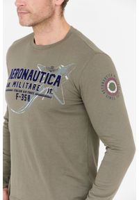 Aeronautica Militare - AERONAUTICA MILITARE Khaki longsleeve męski z dużym aksamitnym logo. Kolor: zielony. Materiał: jersey. Długość rękawa: długi rękaw. Wzór: nadruk #4