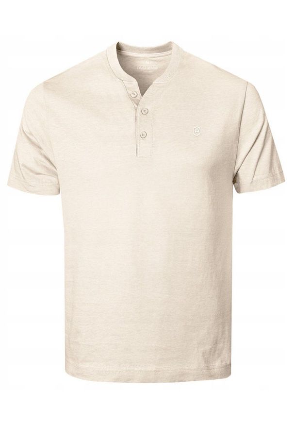 Koszulka Męska (T-Shirt) na Stójce z Guzikami - Pako Jeans - Jasny Beż. Okazja: na co dzień. Typ kołnierza: kołnierzyk stójkowy. Kolor: brązowy, beżowy, wielokolorowy. Materiał: bawełna. Styl: casual