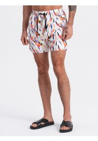 Ombre Clothing - Szorty męskie kąpielówki w kolorowy print - białe V2. Okazja: na plażę. Kolor: biały. Materiał: poliester, materiał. Wzór: kolorowy, nadruk #7