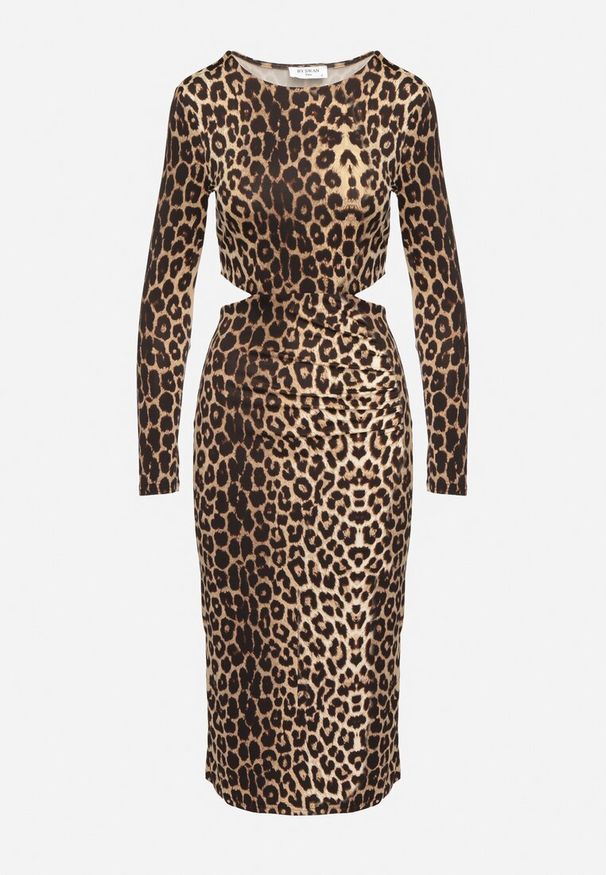 Born2be - Brązowa Taliowana Sukienka w Panterkę z Wycięciami w Talii i Rozcięciem na Dole Larnnie. Kolor: brązowy. Wzór: motyw zwierzęcy. Długość: midi