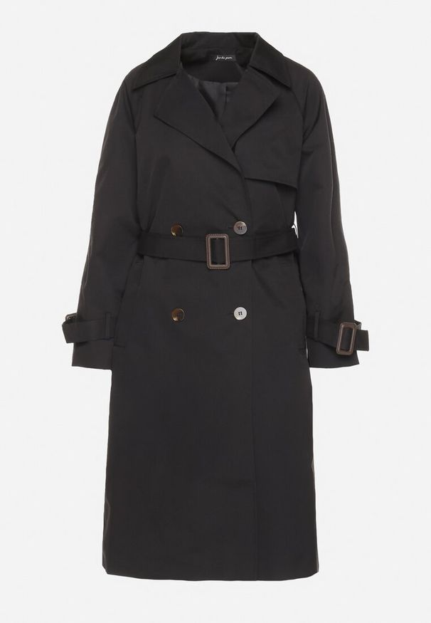 Born2be - Czarny Płaszcz w Stylu Trencza Ozdobiony Paskiem z Klamrą Ninellira. Kolor: czarny. Materiał: jeans. Długość rękawa: długi rękaw. Długość: długie. Wzór: aplikacja. Styl: klasyczny, elegancki