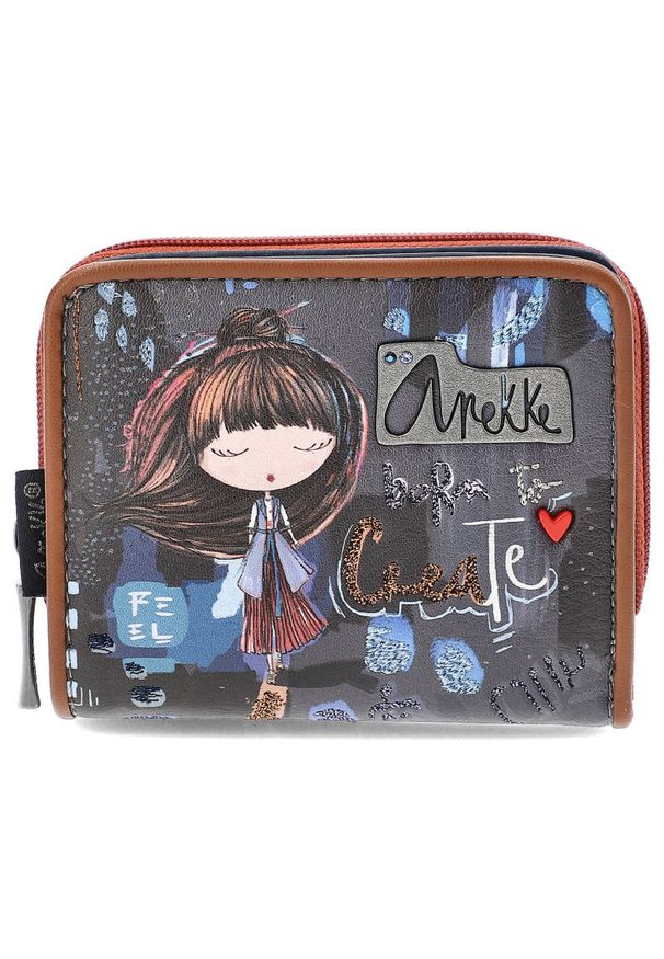 Granatowy Stylowy Portfel Damski Anekke. Kolor: niebieski. Materiał: materiał, skóra ekologiczna. Wzór: aplikacja