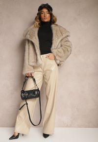 Renee - Beżowe Szerokie Spodnie High Waist z Imitacji Skóry Enawinn. Okazja: na imprezę, na co dzień. Stan: podwyższony. Kolor: beżowy. Materiał: skóra. Sezon: zima. Styl: elegancki, casual #1