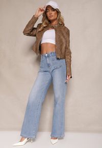 Renee - Niebieskie Jeansy z Bawełną High Waist o Szerokim Kroju Elaridia. Okazja: na co dzień. Stan: podwyższony. Kolor: niebieski. Wzór: aplikacja. Styl: elegancki, casual