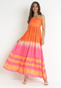 Born2be - Pomarańczowa Rozkloszowana Sukienka Maxi na Ramiączkach z Cienkimi Gumkami w Pasie Kaloia. Kolor: pomarańczowy. Długość rękawa: na ramiączkach. Typ sukienki: rozkloszowane. Długość: maxi