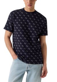 Guess - GUESS Granatowy męski t-shirt w monogram Jacquard 4G Knit, Rozmiar XXL. Okazja: na co dzień. Kolor: niebieski. Styl: casual #5