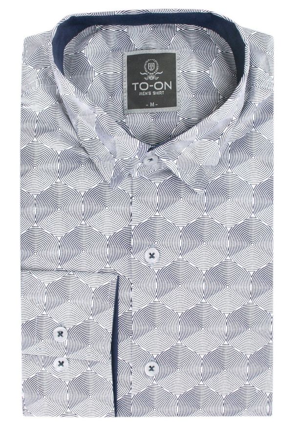 Koszula Biało-Granatowa w Kółka, Koła, Geometryczny Wzór, Męska Długi Rękaw, Slim Fit -TO-ON. Okazja: na spotkanie biznesowe, do pracy. Kolor: niebieski. Materiał: bawełna, elastan. Długość rękawa: długi rękaw. Długość: długie. Wzór: geometria. Styl: wizytowy, biznesowy, elegancki