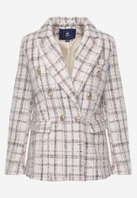 Renee - Biała Dwurzędowa Marynarka z Błyszczącą Nicią i Poduszkami na Ramionach Elilona. Kolor: biały. Materiał: dzianina. Długość rękawa: długi rękaw. Długość: długie. Styl: klasyczny #2