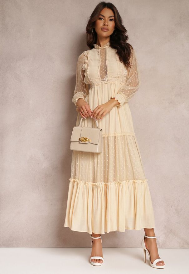 Renee - Beżowa Sukienka z Bufiastym Rękawem Ozdobiona Tiulowymi Wstawkami Laluna. Kolor: beżowy. Materiał: tiul. Wzór: aplikacja