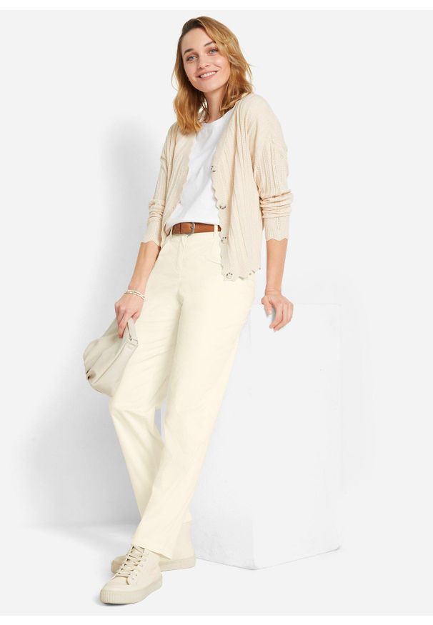 bonprix - Krótki kardigan ażurowy. Kolor: beżowy. Materiał: wiskoza. Długość: krótkie. Wzór: ażurowy