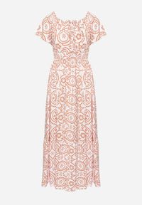 Born2be - Biało-Pomarańczowa Rozkloszowana Sukienka z Bawełną i Abstrakcyjnym Wzorem Ldivoria. Okazja: na spacer, na imprezę. Kolor: biały. Materiał: bawełna. Styl: elegancki #6