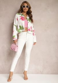 Renee - Beżowo-Różowa Kurtka Jeansowa z Bawełny we Florystyczny Print Arielapa. Okazja: na co dzień. Kolor: beżowy. Materiał: bawełna, jeans. Wzór: nadruk. Styl: casual #4