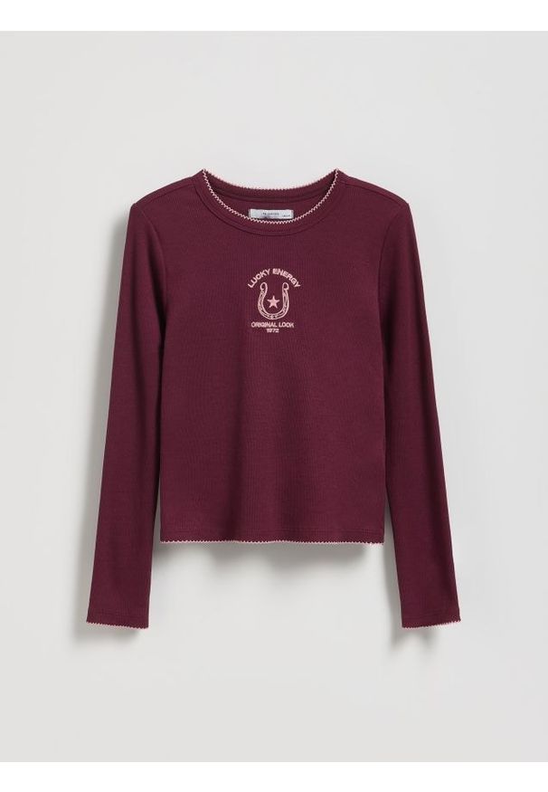 Reserved - Koszulka z haftem - mahoniowy. Kolor: brązowy. Materiał: bawełna, dzianina. Wzór: haft