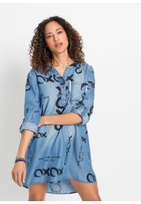 Sukienka dżinsowa z napisem, TENCEL™ Lyocell bonprix niebieski denim z nadrukiem. Kolor: niebieski. Materiał: lyocell, denim. Wzór: napisy, nadruk #6