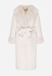 Born2be - Biały Futerkowy Płaszcz z Szerokim Kołnierzem i Mankietami z Wiązanym Paskiem Viaruna. Okazja: na co dzień, na imprezę. Kolor: biały. Materiał: dzianina. Długość rękawa: długi rękaw. Długość: długie. Styl: casual, elegancki #5