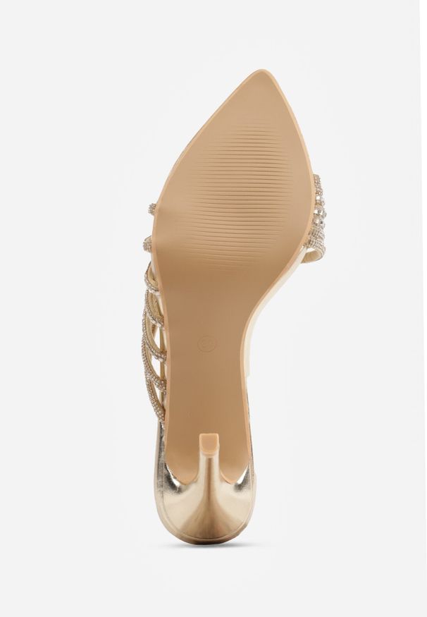 Born2be - Złote Eleganckie Klapki na Szpilce z Paseczkami z Cyrkoniami Naothera. Okazja: na randkę, na wesele, na ślub cywilny. Kolor: złoty. Obcas: na szpilce. Styl: elegancki