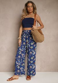 Renee - Niebieskie Bawełniane Spodnie Boho w Stylu Palazzo z Gumką w Pasie i Wysokim Stanem Pravia. Okazja: na co dzień. Stan: podwyższony. Kolor: niebieski. Materiał: bawełna. Styl: boho #5
