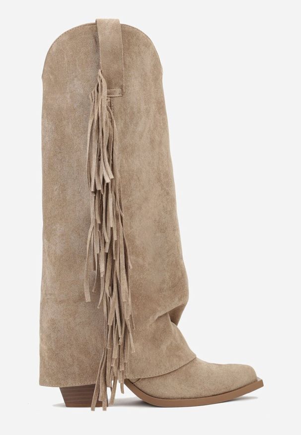 Renee - Ciemnobeżowe Kozaki Kowbojki na Stożku z Cholewką Imitującą Nogawkę z Frędzlami Monettea. Kolor: beżowy. Materiał: jeans. Szerokość cholewki: normalna. Obcas: na stożku