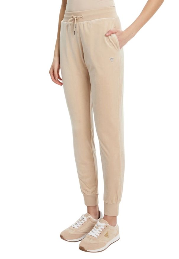 Guess - GUESS Beżowe damskie spodnie dresowe Couture, Rozmiar XS. Kolor: beżowy. Materiał: dresówka