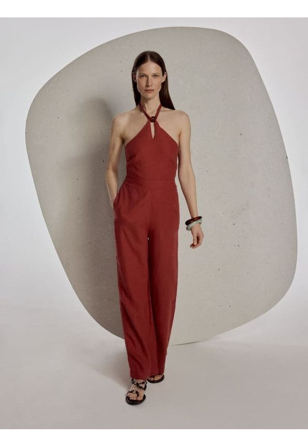 Reserved - Lniany kombinezon - miedziany. Kolor: brązowy. Materiał: len. Wzór: gładki