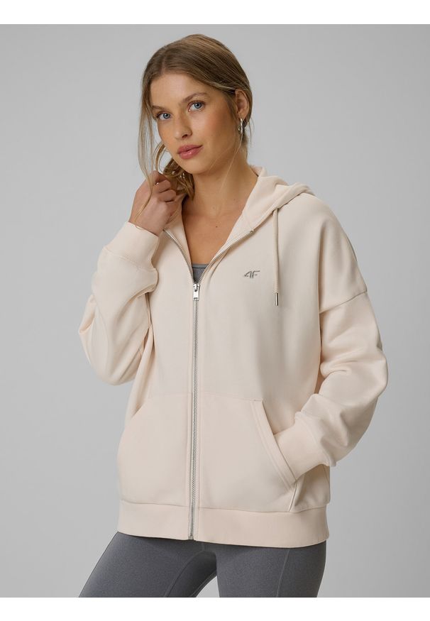 4f - 4F Bluza dresowa loose z kapturem damska - kremowa M. Okazja: na co dzień. Typ kołnierza: kaptur. Kolor: beżowy. Materiał: dresówka. Styl: casual