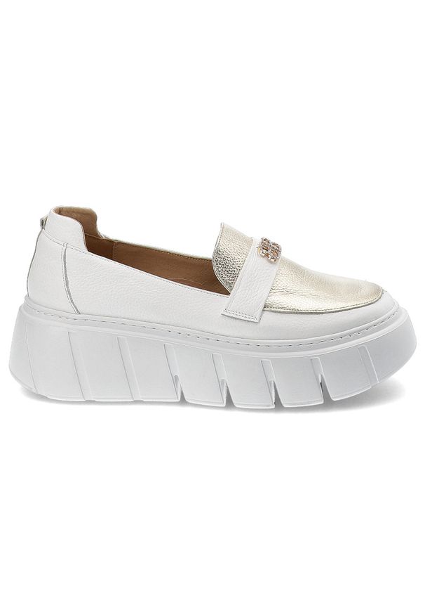 Białe Półbuty Armodo Wsuwane Mokasyny Damskie. Okazja: na co dzień. Zapięcie: bez zapięcia. Kolor: biały. Materiał: skóra. Styl: casual, elegancki, klasyczny