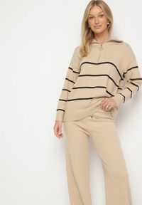 Born2be - Beżowy Dzianinowy Komplet z Wełną Spodnie i Sweter w Paski z Suwakiem Ralineda. Kolor: beżowy. Materiał: dzianina, wełna. Wzór: paski #5