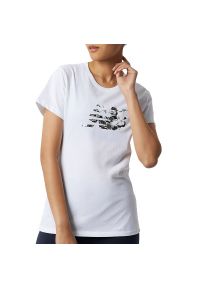 Koszulka New Balance WT21804WT - biała. Kolor: biały. Materiał: materiał, bawełna, dzianina. Długość rękawa: krótki rękaw. Długość: krótkie. Wzór: nadruk, napisy, aplikacja