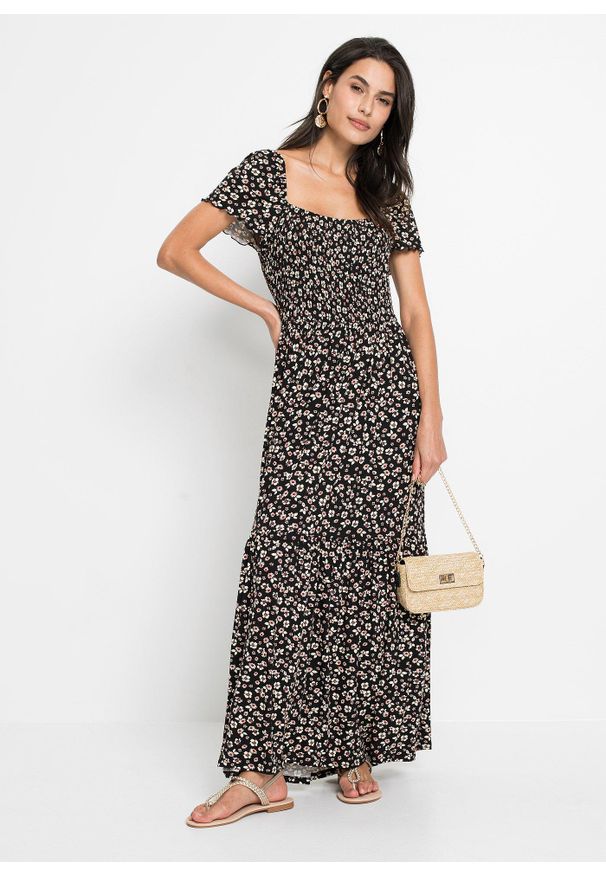 bonprix - Długa sukienka z mieszanki wiskozy. Typ kołnierza: dekolt w karo. Kolor: czarny. Materiał: wiskoza. Długość: maxi