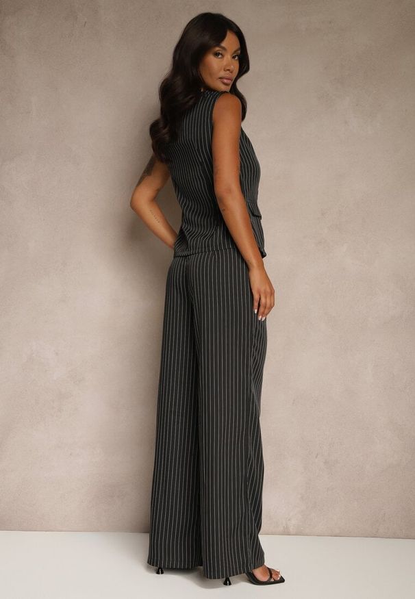 Renee - Czarny Komplet w Garniturowym Stylu Spodnie Wide Leg i Kamizelka Onirette. Kolor: czarny