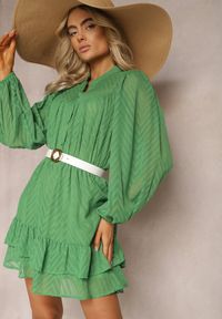 Renee - Zielona Sukienka Mini w Skośne Paski o Rozkloszowanym Fasonie z Gumką w Talii Tennari. Kolor: zielony. Materiał: materiał. Wzór: paski. Długość: mini #3