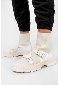 Casu - Beżowe botki sneakersy skarpeta na platformie z klamrami casu sj2126-2. Zapięcie: klamry. Kolor: beżowy. Obcas: na platformie #2